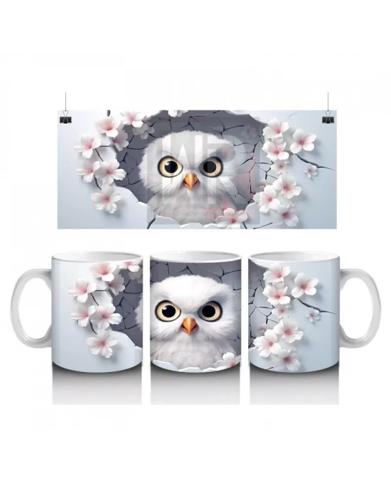 Kiraz Çiçekleri Arasında Minik Baykuş - Baskılı Kahve Kupası