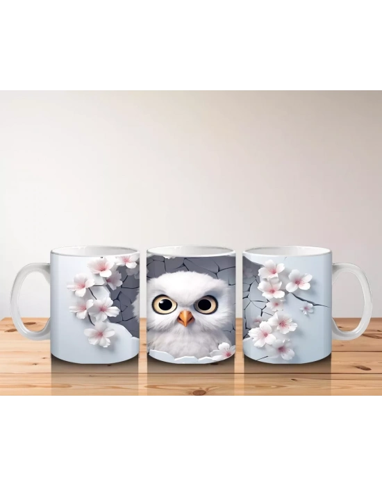 Kiraz Çiçekleri Arasında Minik Baykuş - Baskılı Kahve Kupası