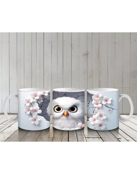 Kiraz Çiçekleri Arasında Minik Baykuş - Baskılı Kahve Kupası