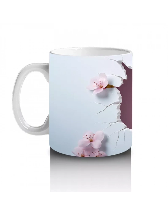 Kiraz Çiçekleri Arasında Neşeli Beyaz Yavru Köpek – Baskılı Kupa