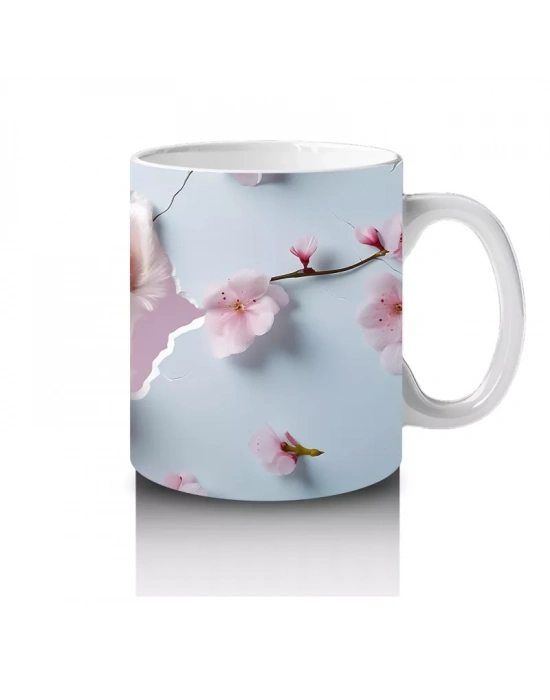 Kiraz Çiçekleri Arasında Neşeli Beyaz Yavru Köpek – Baskılı Kupa