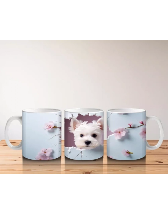 Kiraz Çiçekleri Arasında Neşeli Beyaz Yavru Köpek – Baskılı Kupa