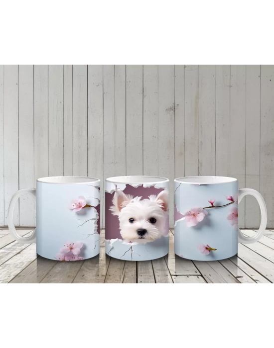 Kiraz Çiçekleri Arasında Neşeli Beyaz Yavru Köpek – Baskılı Kupa