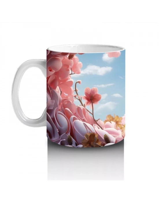 Kiraz Çiçekleri Arasında Oturan Mavi Gözlü Kedi – Baskılı Kahve Kupası