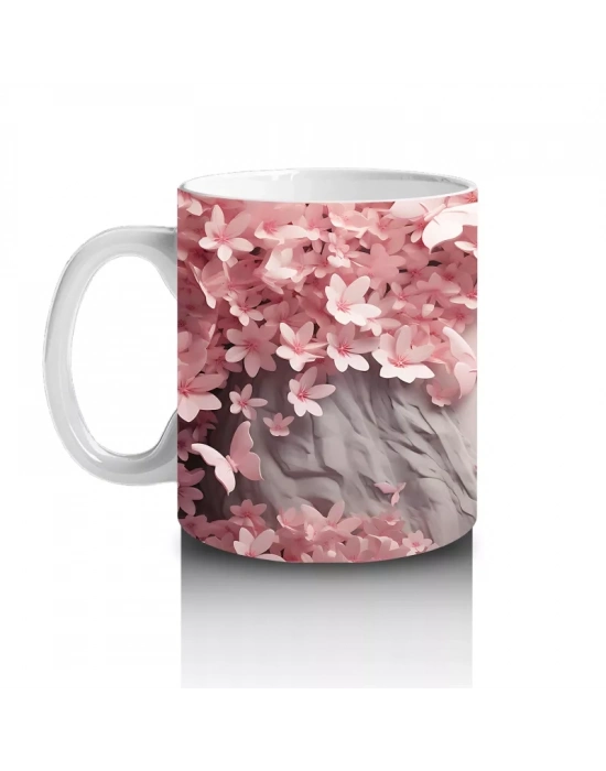 Kiraz Çiçekleriyle Çerçeveli Kelebkli Bahar Teması - Baskılı Kahve Kupası