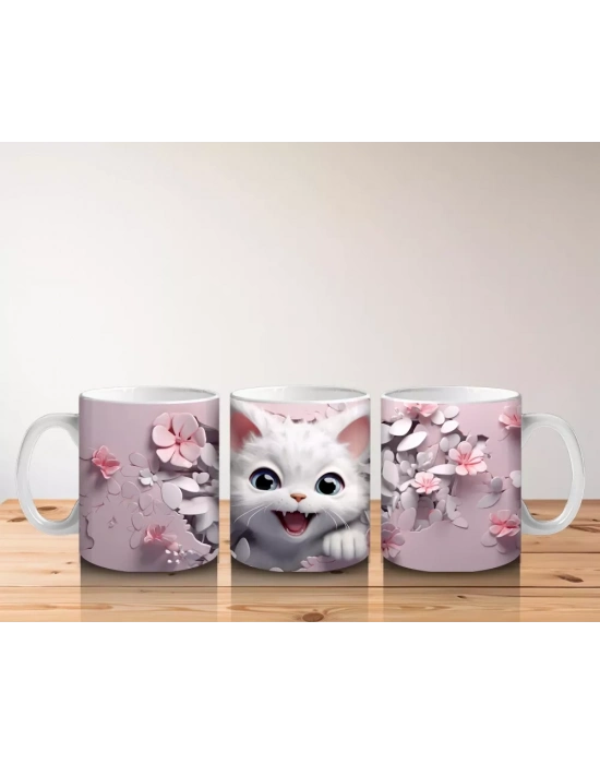 Kiraz Çiçekleriyle Poz Veren Sevimli Kedi – Baskılı Kupa