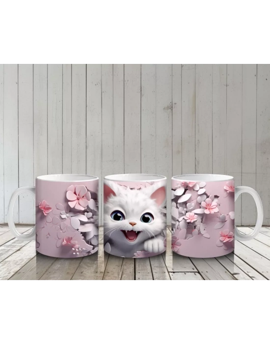 Kiraz Çiçekleriyle Poz Veren Sevimli Kedi – Baskılı Kupa