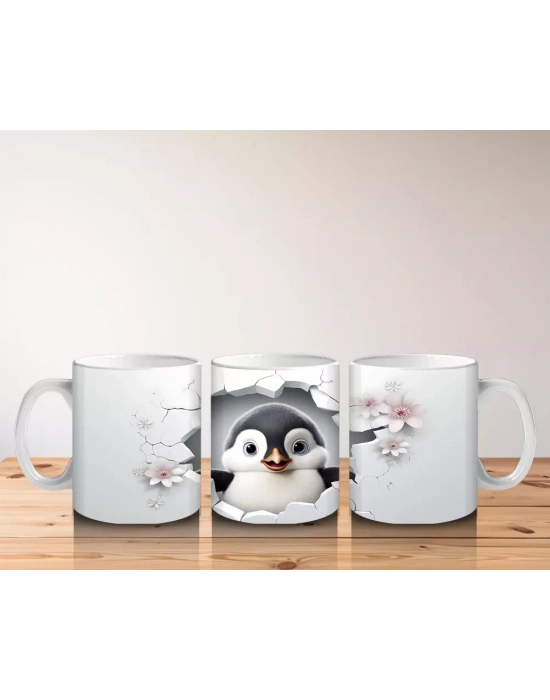 Kiraz Çiçekli Zemin Üzerine Penguen Figürü – Baskılı Kupa