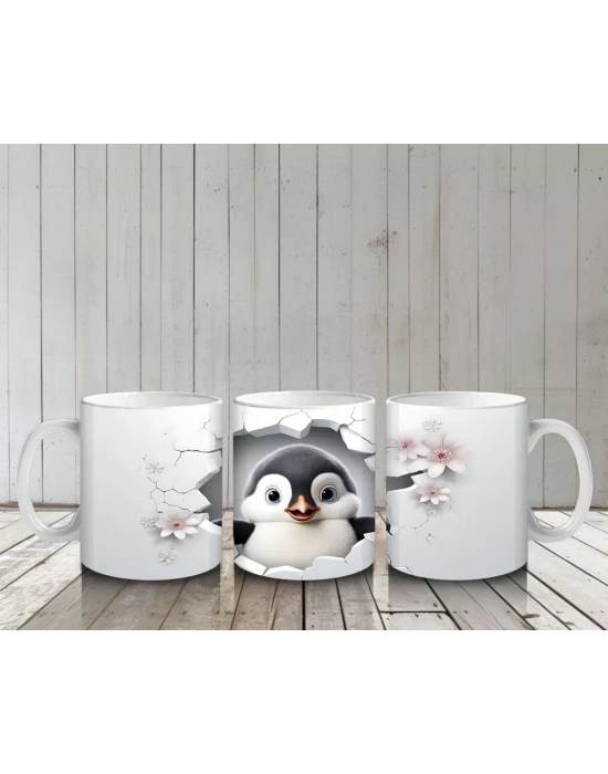 Kiraz Çiçekli Zemin Üzerine Penguen Figürü – Baskılı Kupa