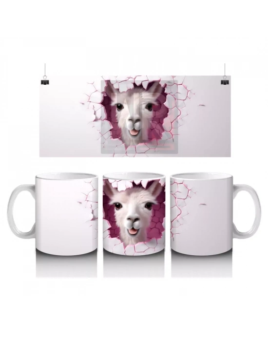 Kırık Duvar Arasında Bakan Sevimli Lama Yavrusu - Baskılı kahve kupası