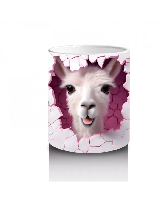 Kırık Duvar Arasında Bakan Sevimli Lama Yavrusu - Baskılı kahve kupası