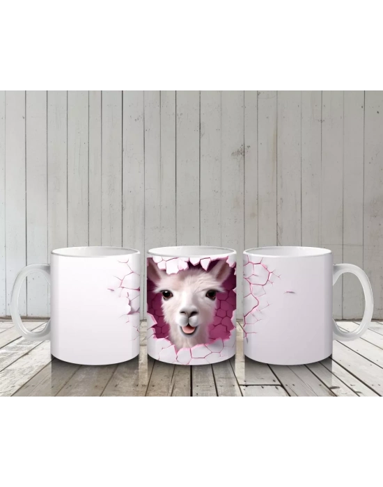 Kırık Duvar Arasında Bakan Sevimli Lama Yavrusu - Baskılı kahve kupası