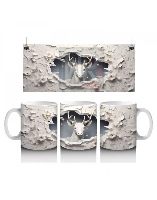 Kırık Duvar Arasında Minimal Stilde Beyaz Geyik Silueti - Baskılı kahve kupası