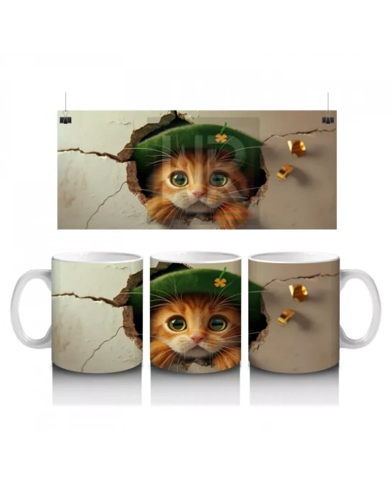 Kırık Duvar Arasında Şapkalı Yavru Kedi - Baskılı Kahve Kupası
