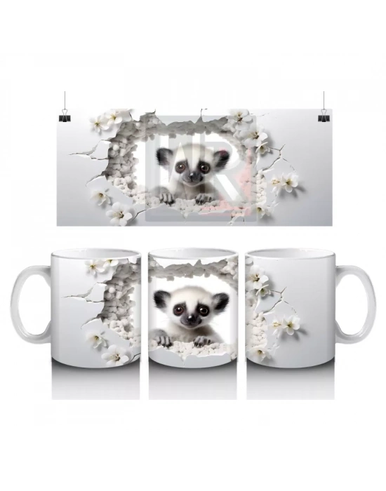 Kırık Duvar Arasından Bakan Tatlı Lemur Tasarımı - Baskılı kahve kupası