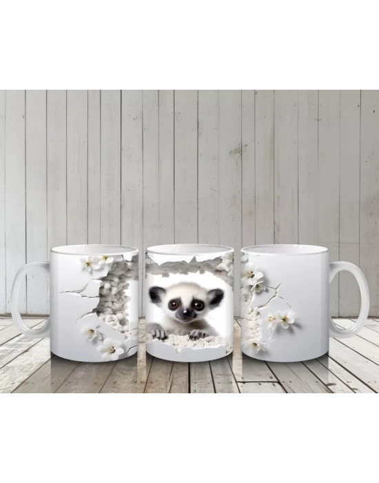 Kırık Duvar Arasından Bakan Tatlı Lemur Tasarımı - Baskılı kahve kupası