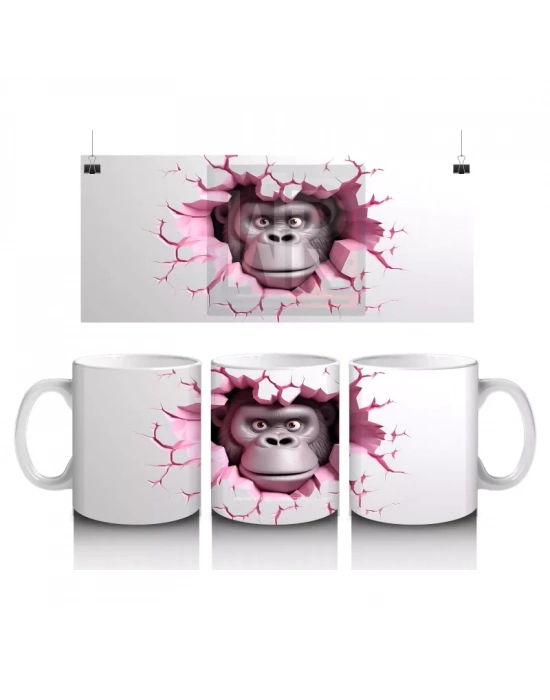 Kırık Duvar Desenli Sevimli Gri Goril - Baskılı Kahve Kupası