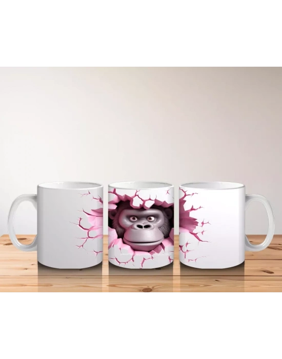 Kırık Duvar Desenli Sevimli Gri Goril - Baskılı Kahve Kupası