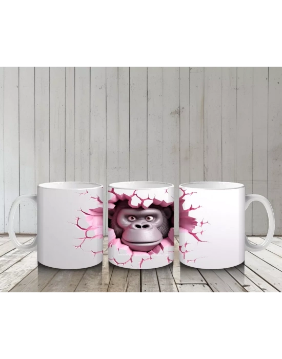 Kırık Duvar Desenli Sevimli Gri Goril - Baskılı Kahve Kupası