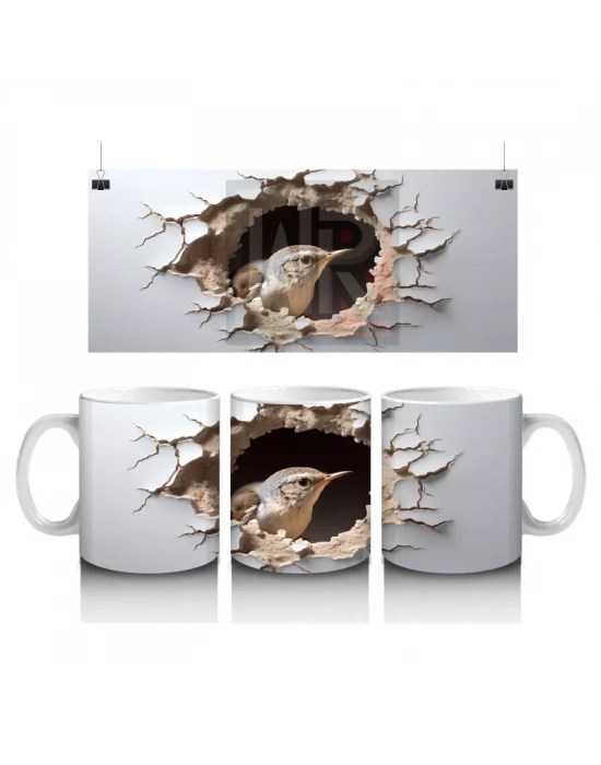 Kırık Duvar Efektli Sevimli Serçe - Baskılı Kahve Kupası