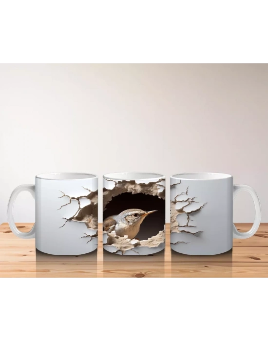 Kırık Duvar Efektli Sevimli Serçe - Baskılı Kahve Kupası
