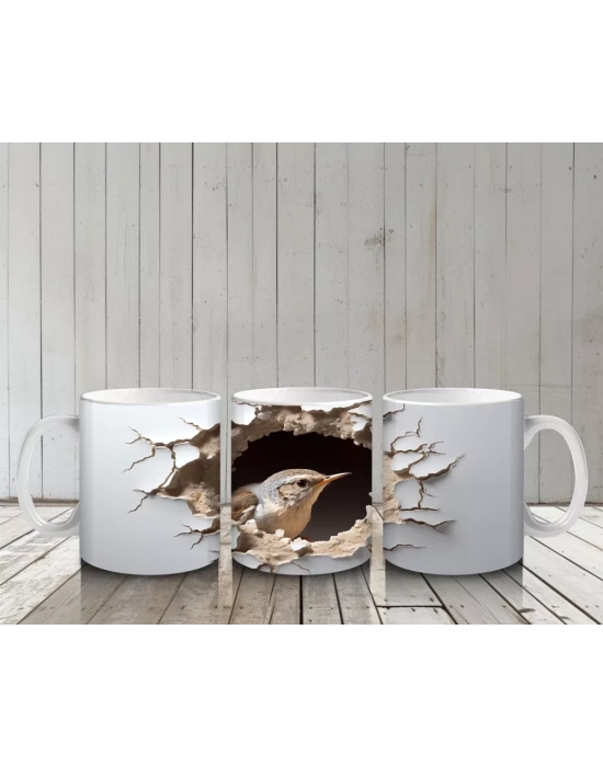 Kırık Duvar Efektli Sevimli Serçe - Baskılı Kahve Kupası