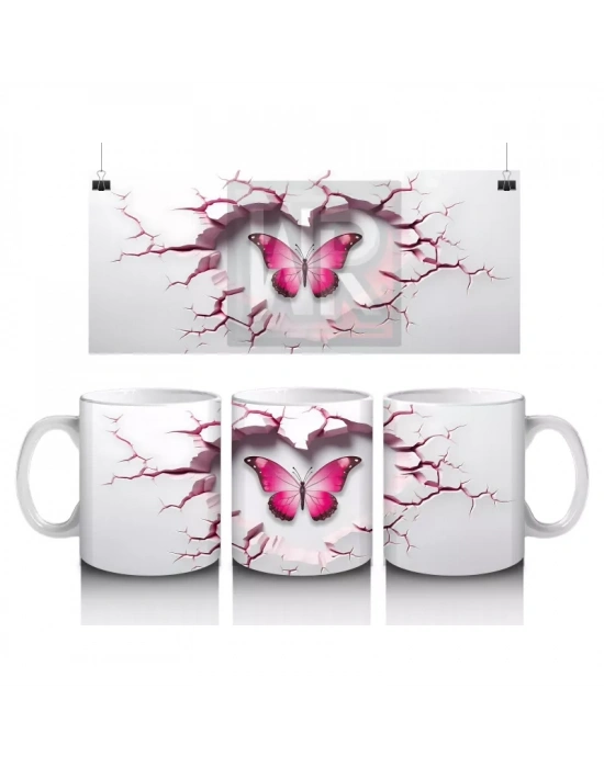 Kırık Kalpli Zeminden Yükselen Pembe Kelebek - Baskılı kahve kupası