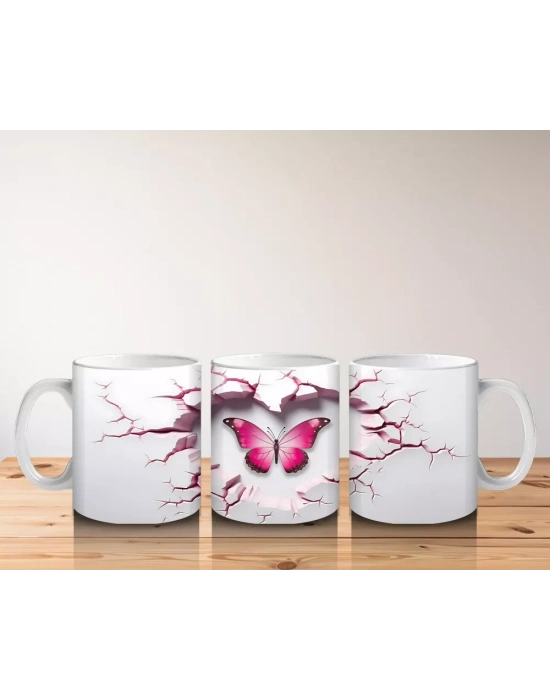 Kırık Kalpli Zeminden Yükselen Pembe Kelebek - Baskılı kahve kupası