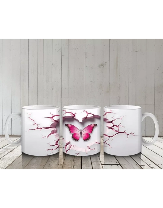 Kırık Kalpli Zeminden Yükselen Pembe Kelebek - Baskılı kahve kupası