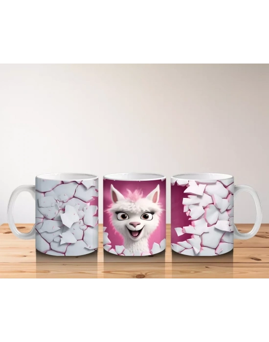 Kırık Seramik Duvar Arasından Bakan Neşeli Lama - Baskılı kahve kupası