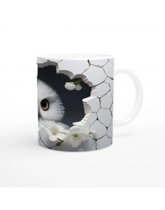 Kırık Seramikten Bakan Beyaz Baykuş Baskılı Kupa Bardak