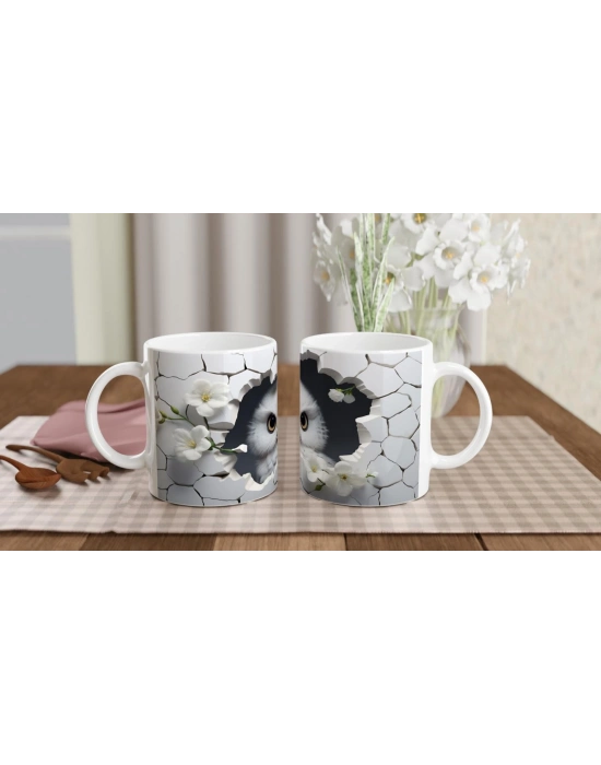 Kırık Seramikten Bakan Beyaz Baykuş Baskılı Kupa Bardak