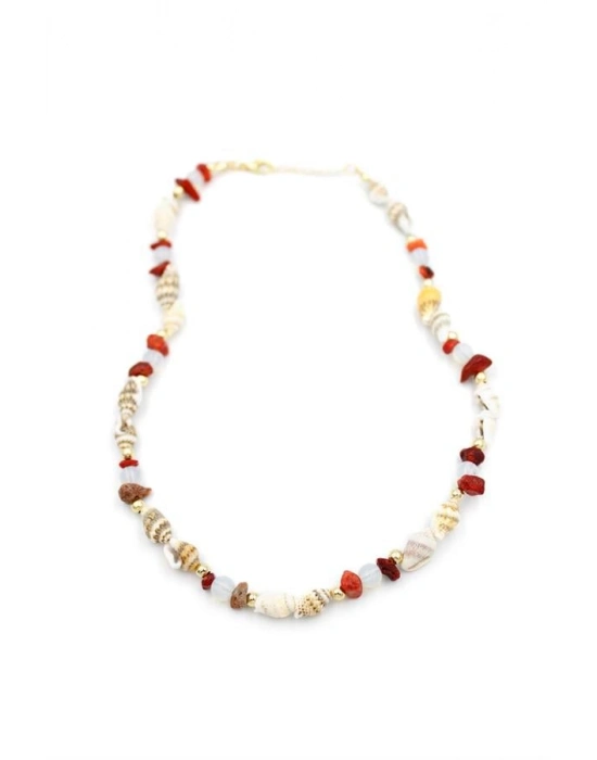 Kırıktaşlı Deniz Kabuğu Kolye - Kırmızı