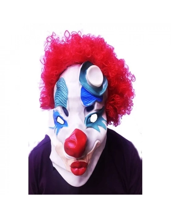 Kırmızı Afro Peruklu Palyaço Maskesi