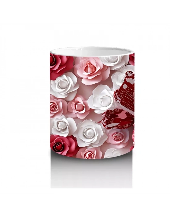 Kırmızı Beyaz Gül Bahçesinde Uçan Kelebek – Baskılı Kahve Kupası