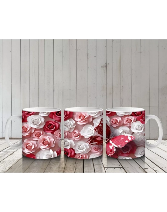 Kırmızı Beyaz Gül Bahçesinde Uçan Kelebek – Baskılı Kahve Kupası
