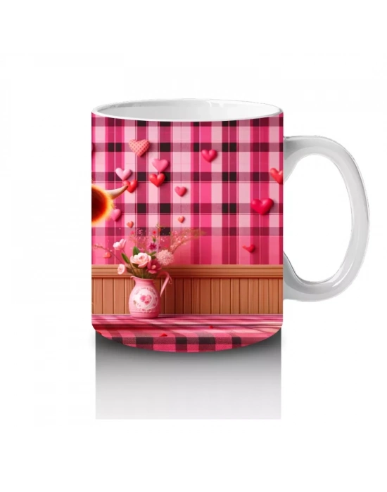 Kırmızı Çizgili Arka Planda Kalpli Kız – Baskılı Kupa