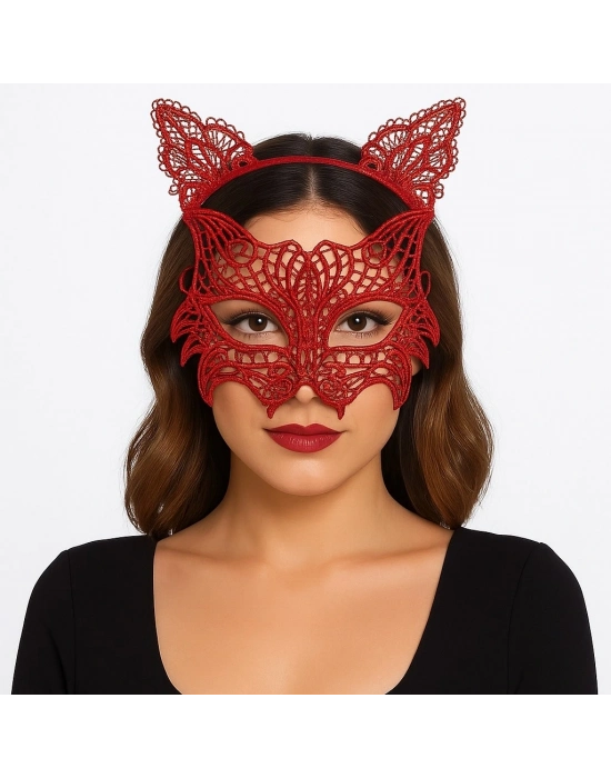 Kırmızı Dantel Kedi Maskesi Ve Dantel Taç Seti 8 No – Kadın Kostüm Aksesuarı