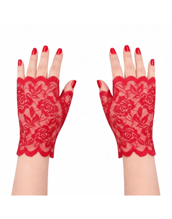 Kırmızı Dantel Parmaksız Kısa Eldiven