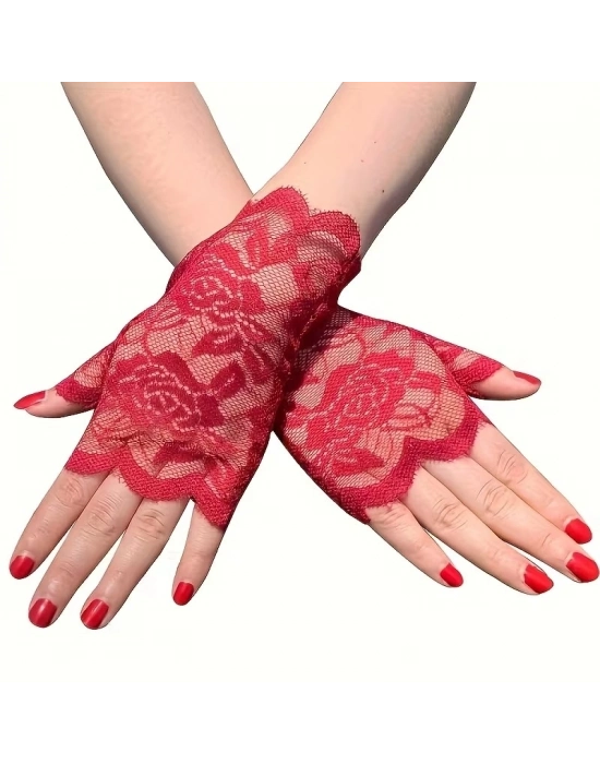 Kırmızı Dantel Parmaksız Kısa Eldiven