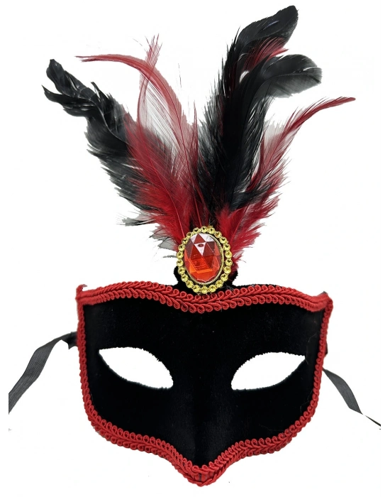 Kırmızı Dantelli Siyah Kırmızı Tüylü Siyah Süet Kaplama Parti Maskesi 17x25 Cm