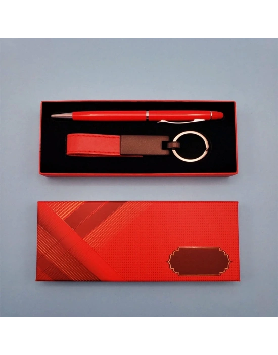 Kırmızı Deri Anahtarlık Ve Kalem