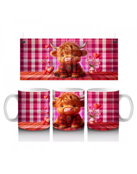 Kırmızı Desenli Arka Planda Romantik Boğa – Baskılı Kahve Kupası