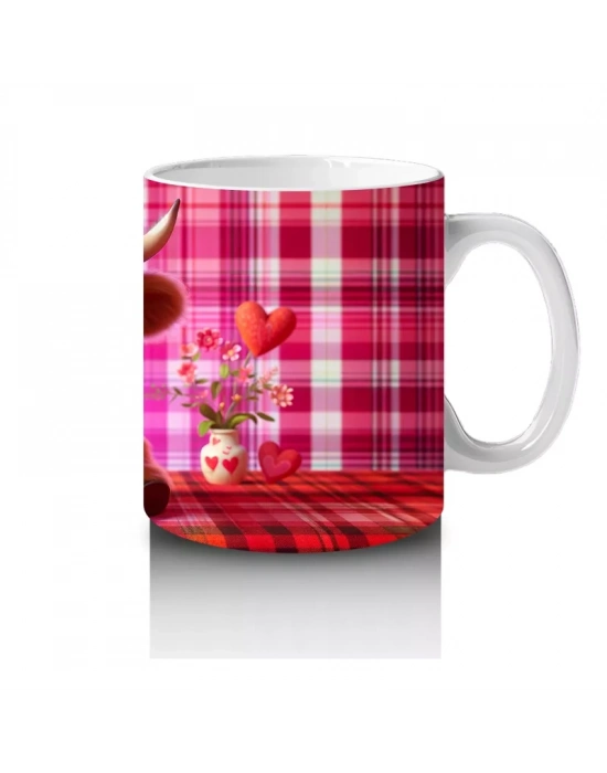 Kırmızı Desenli Arka Planda Romantik Boğa – Baskılı Kahve Kupası