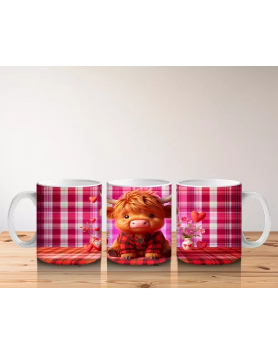 Kırmızı Desenli Arka Planda Romantik Boğa – Baskılı Kahve Kupası