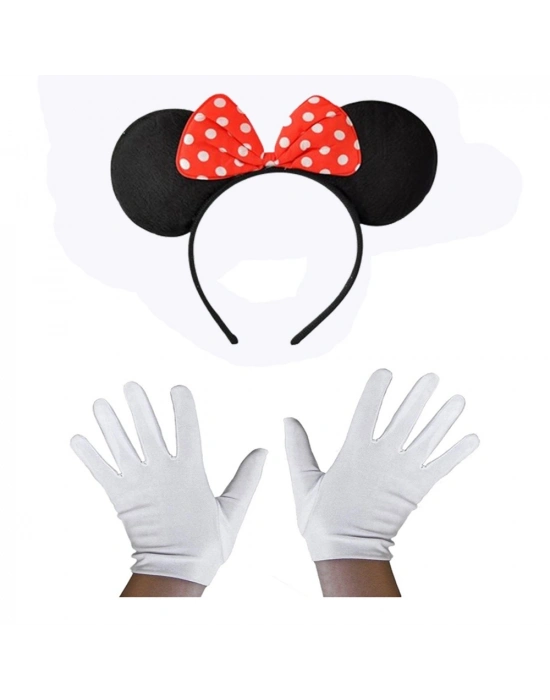 Kırmızı Fiyonklu Minnie Mouse Tacı ve Beyaz Eldiven Seti