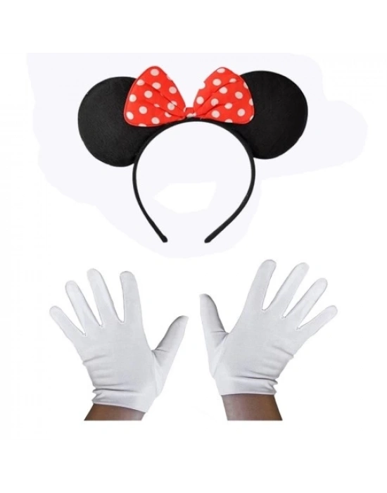 Kırmızı Fiyonklu Minnie Mouse Tacı ve Beyaz Eldiven Seti