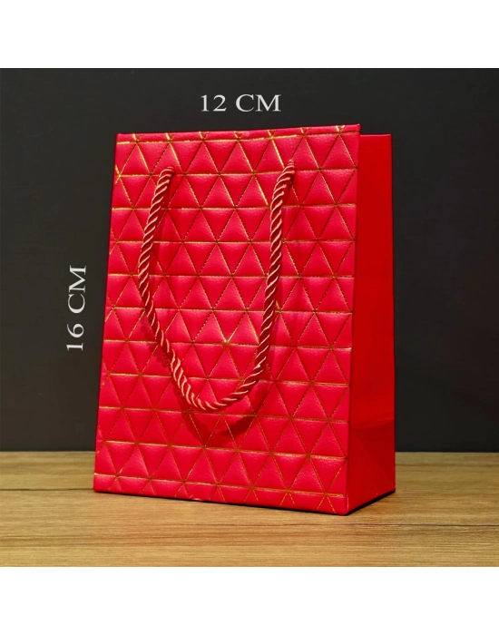 Kırmızı Geometrik Desenli Mini Boy Karton Hediye Çantası