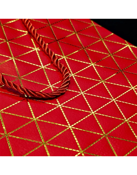 Kırmızı Geometrik Desenli Mini Boy Karton Hediye Çantası