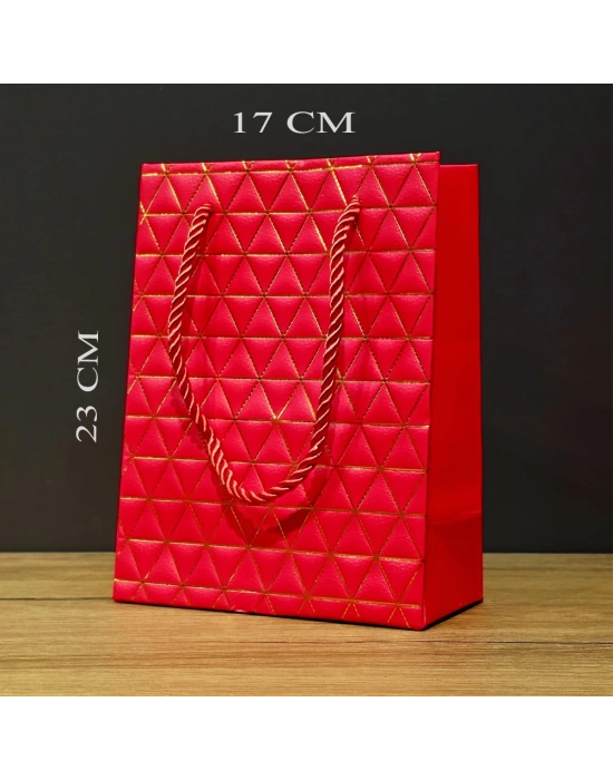 Kırmızı Geometrik Desenli Orta Boy Karton Hediye Çantası